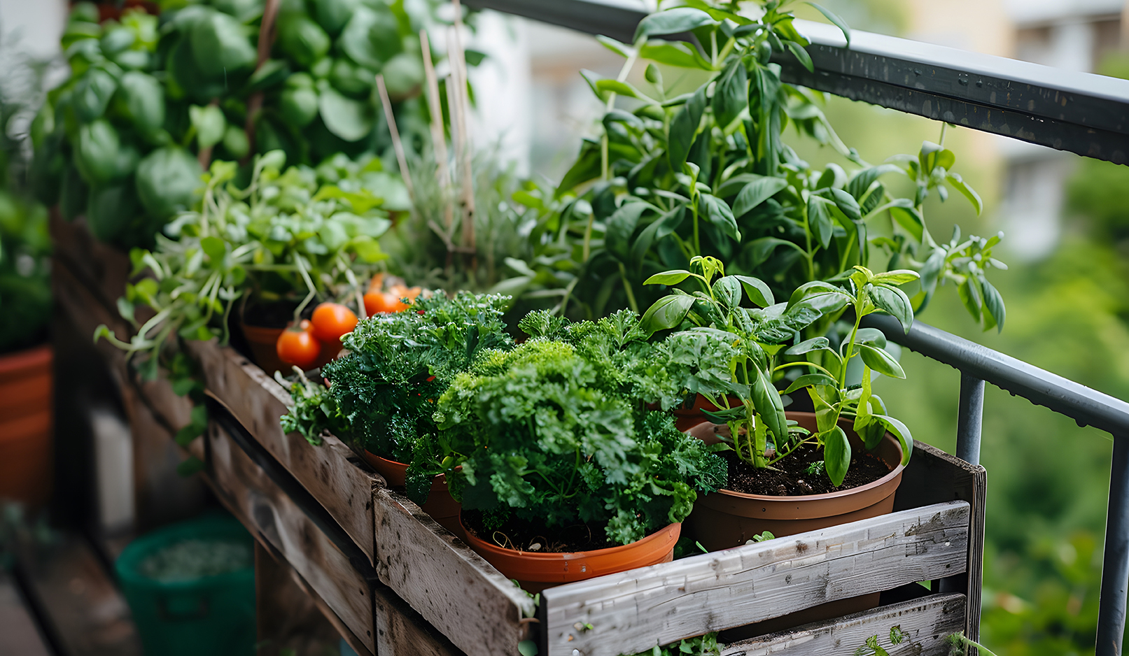 balcony garden with vegetables and plants.