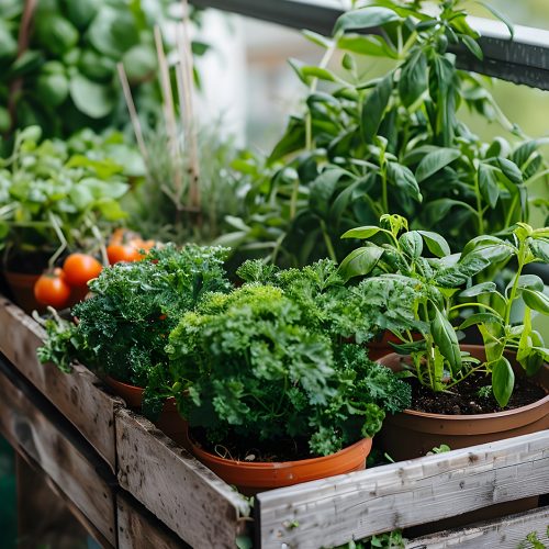 balcony garden with vegetables and plants.