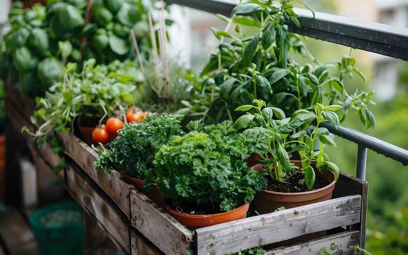 balcony garden with vegetables and plants.
